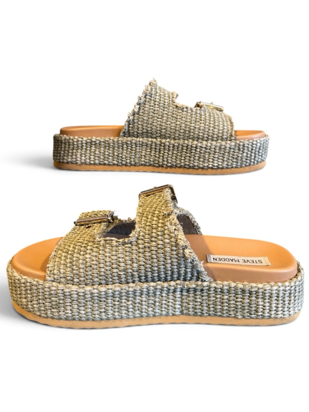 Steve Madden Kerrigan Sz 8.5 Raffia Dual-Buckle Platform Slides Olive | GUC - Picture 3 of 11